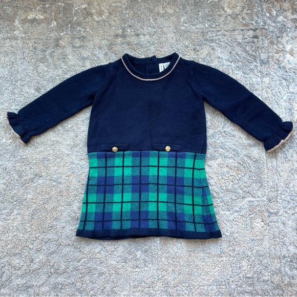 Janie and Jack Other - JANIE AND JACK Baby Navy Cotton Blend Gold Trim Green Tartan Dress